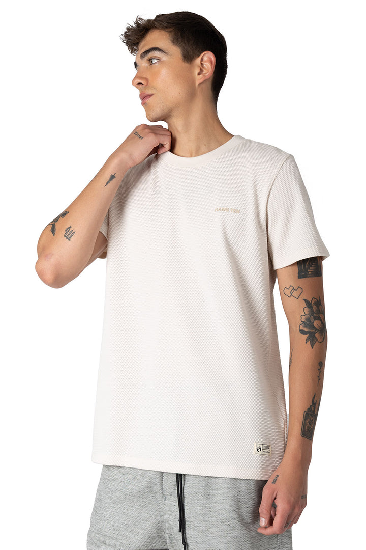 Playera cuello redondo beige con textura - Hang Ten
