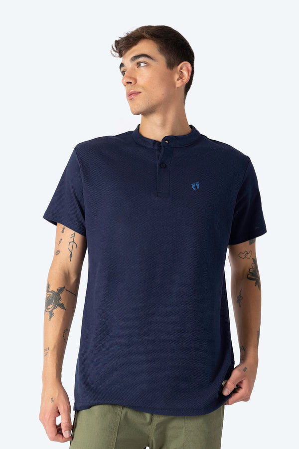 Playera henley azul marino con textura - Hang Ten