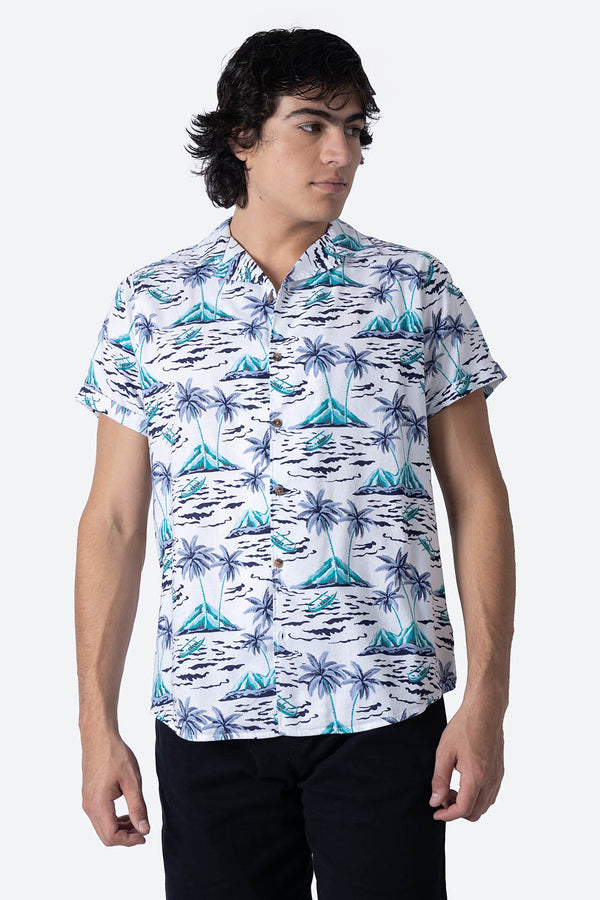 Camisa manga corta con diseño de palmeras azules - Hang Ten