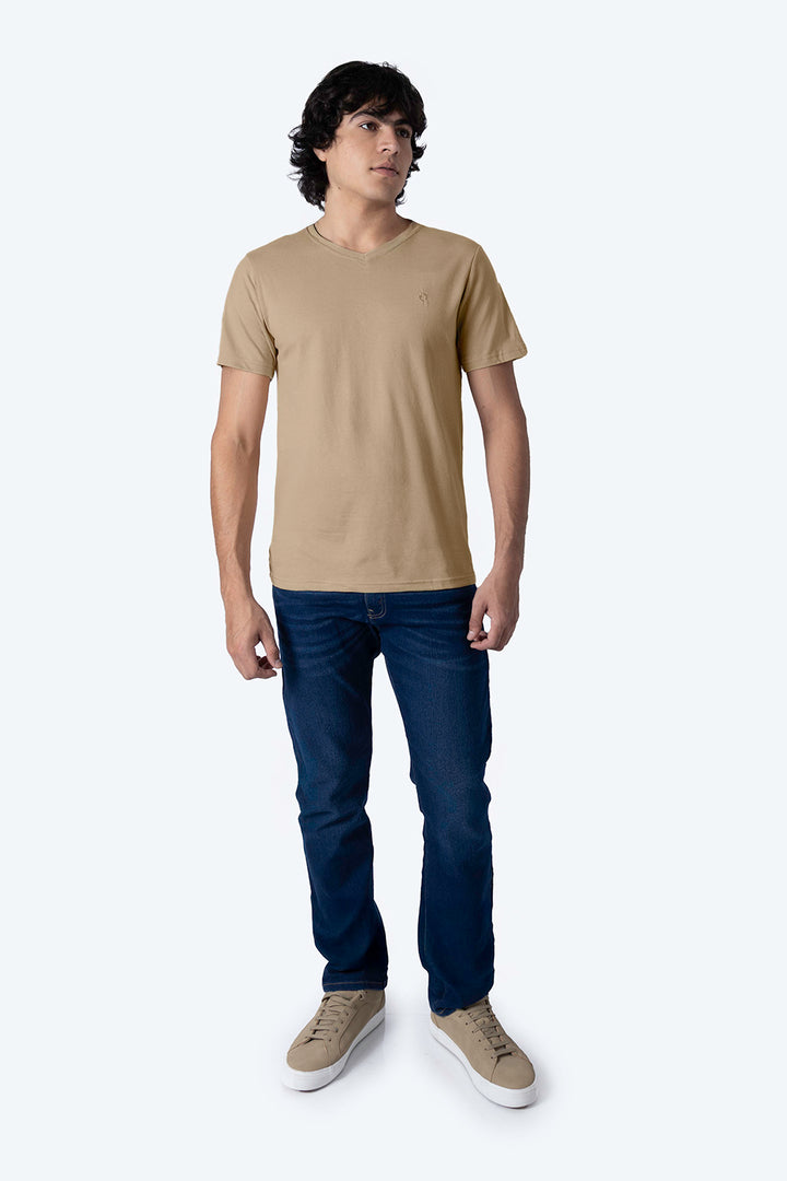 Playera básica cuello v café claro  - Hang Ten 