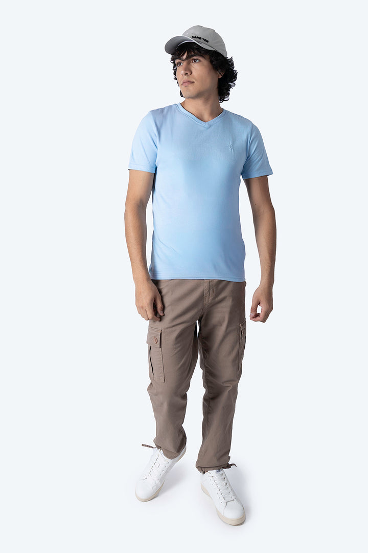 Playera básica cuello v azul claro  - Hang Ten 