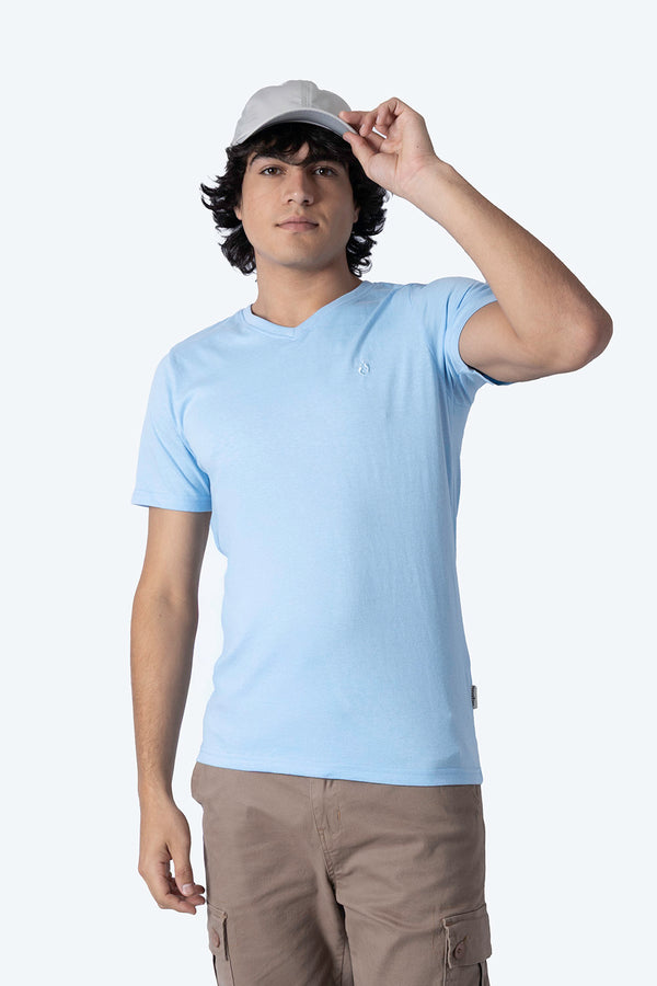 Playera básica cuello v azul claro  - Hang Ten 