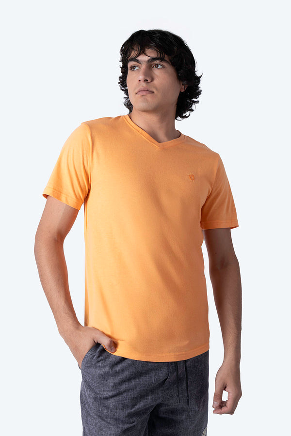 Playera básica cuello v naranja  - Hang Ten 