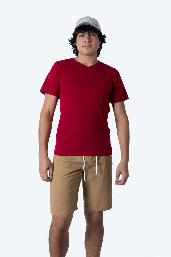 Playera básica cuello v rojo cereza - Hang Ten 