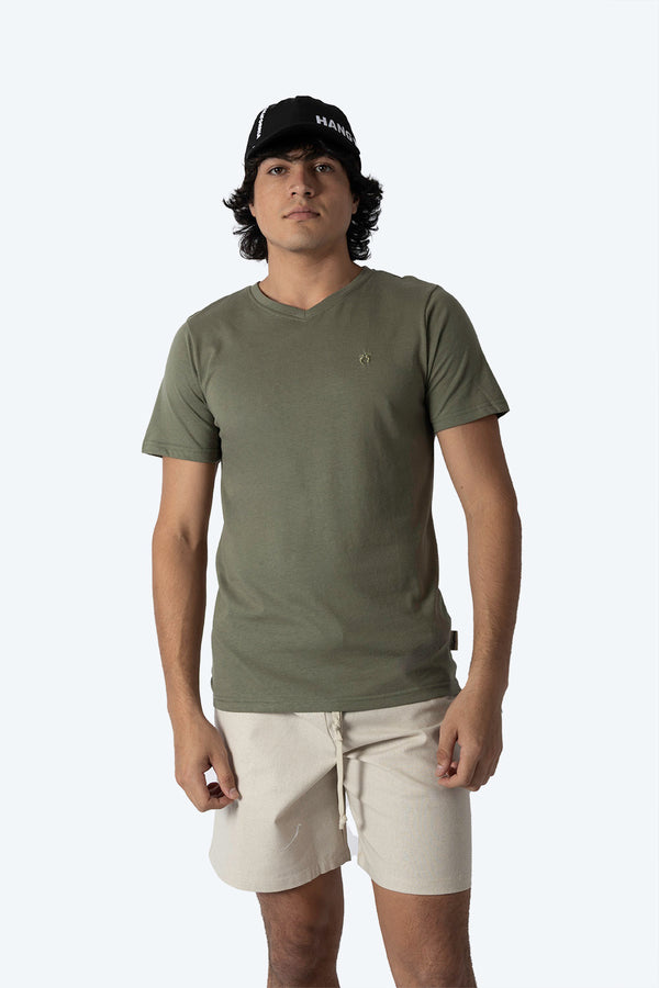 Playera básica cuello v verde olivo - Hang Ten 