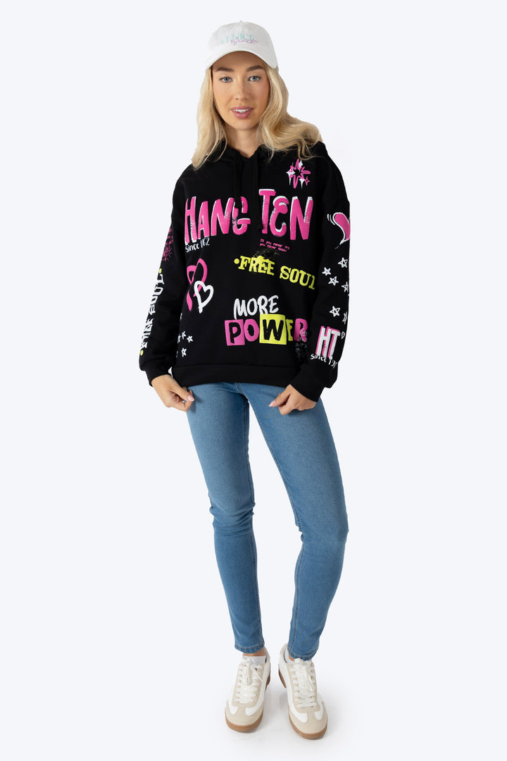 Sudadera oversize negra con estampado -  Hang Ten