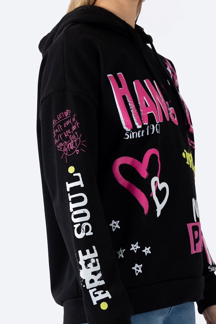 Sudadera oversize negra con estampado -  Hang Ten