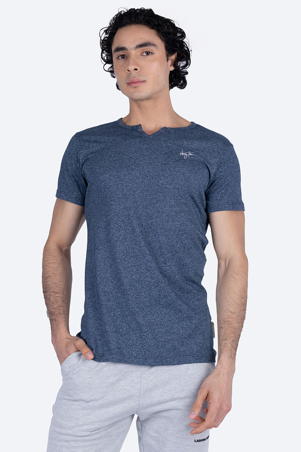 Playera azul manga corta cuello V con botones  - Hang Ten 
