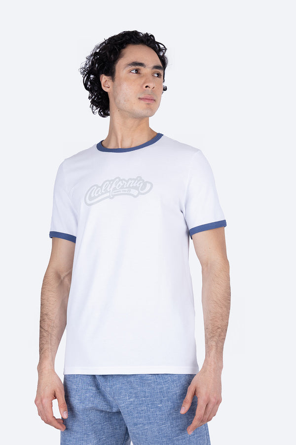 Playera blanca bies en contraste azul  - Hang Ten 