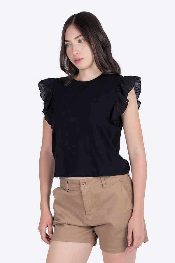 Blusa negra casual con textura y olanes en las mangas - Hang Ten