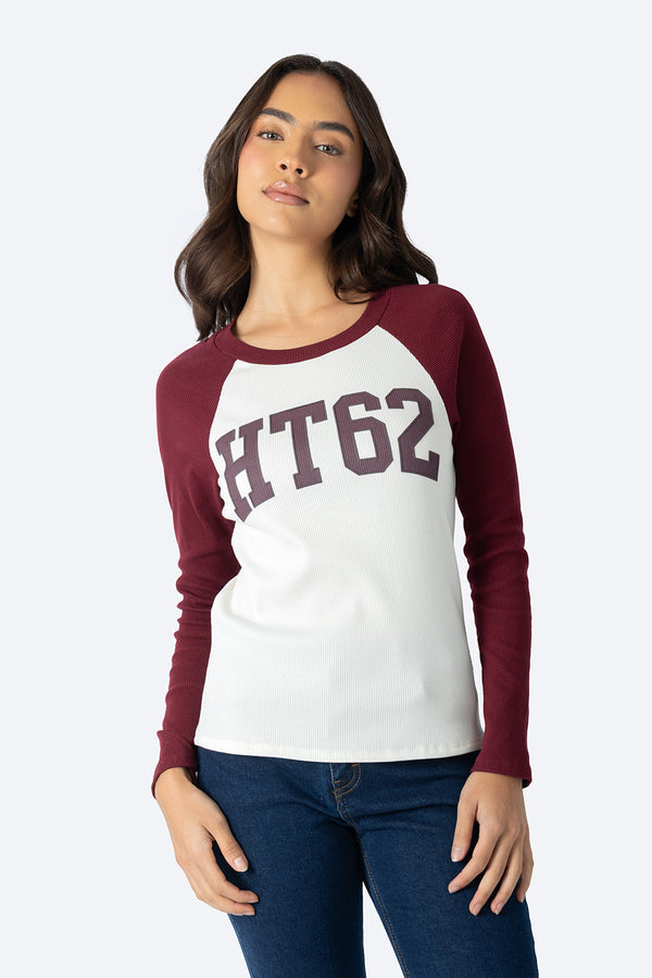 Playera manga larga combinada vino con beige - Hang Ten