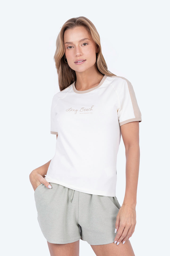 Playera beige bies a contraste café Long Beach - Hang Ten