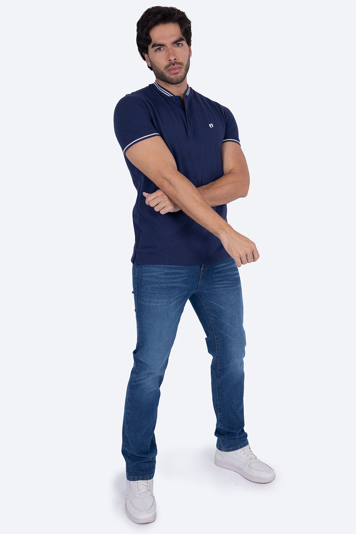 Playera azul cuello henley - Hang Ten 