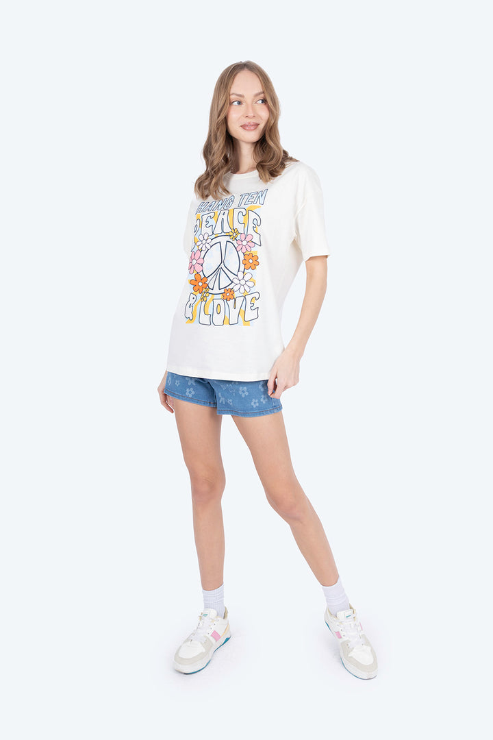 Playera beige oversize Peace & love - Hang Ten