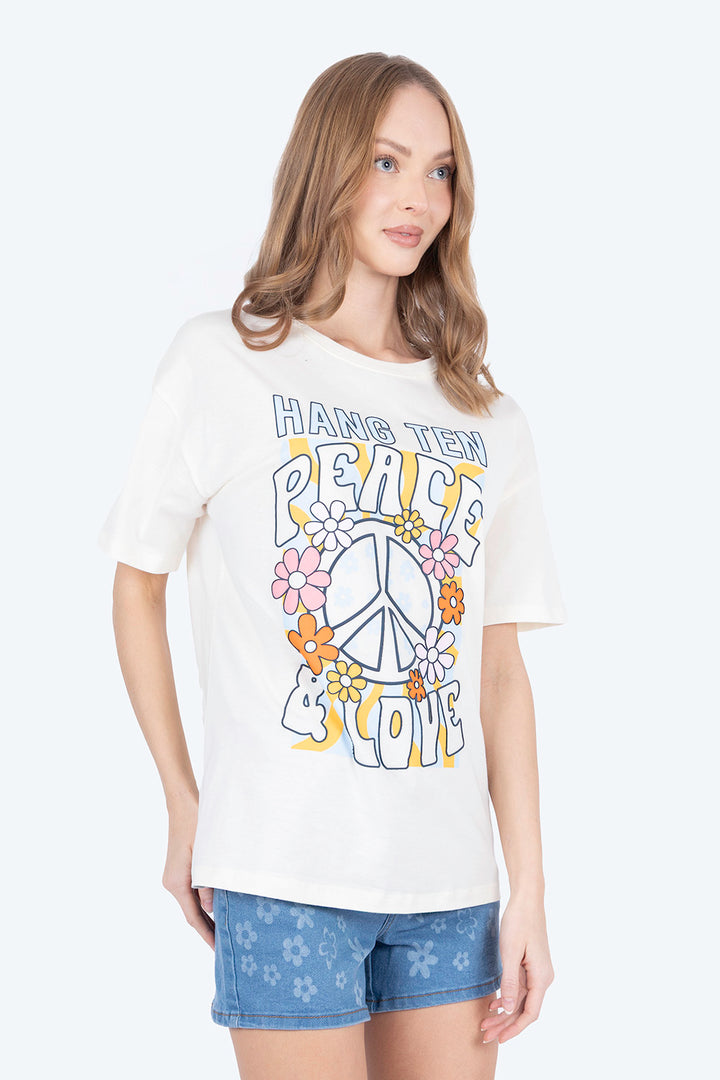 Playera beige oversize Peace & love - Hang Ten