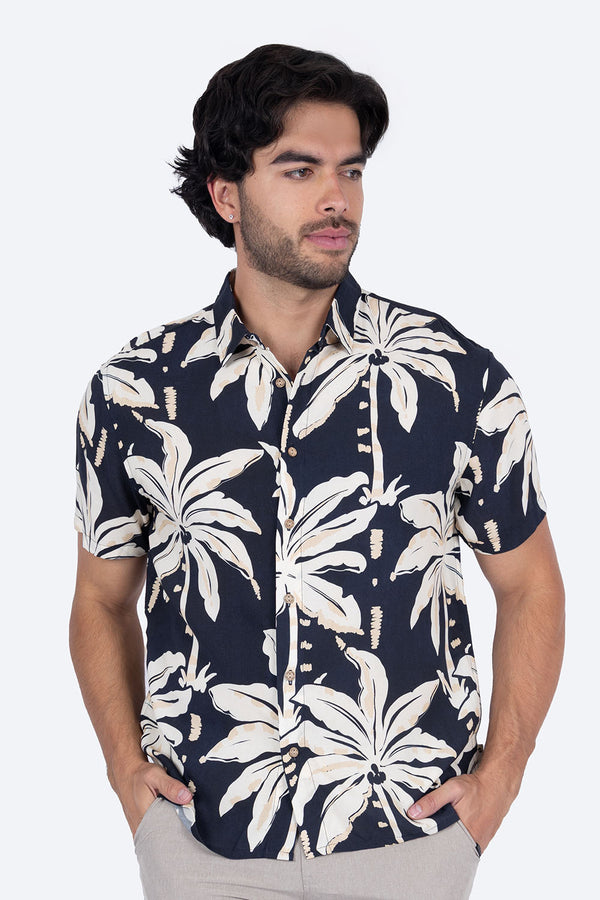 Camisa azul diseño de palmeras beige - Hang Ten