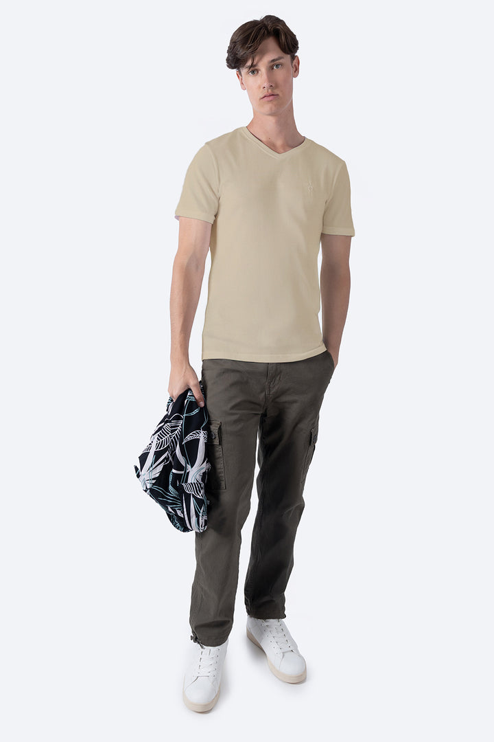 Playera básica cuello v beige  - Hang Ten 