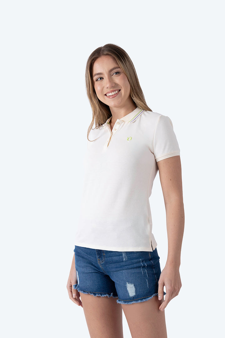 Polo piqué beige filos contraste verde y lila - Hang Ten