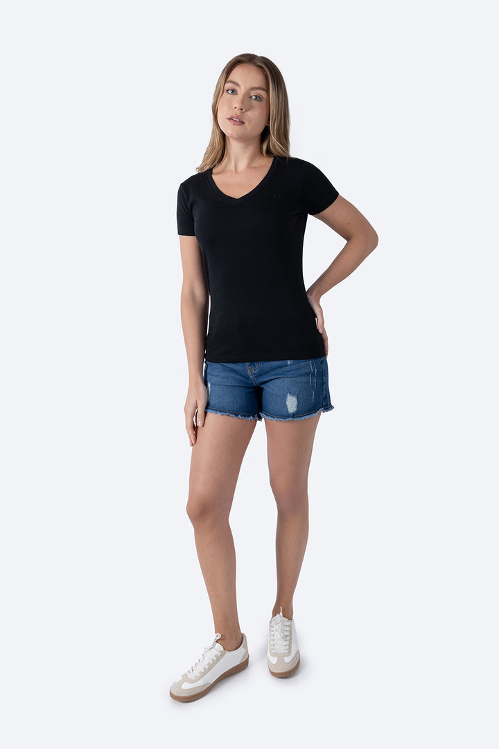 Playera básica negra medio cuello V - Hang Ten