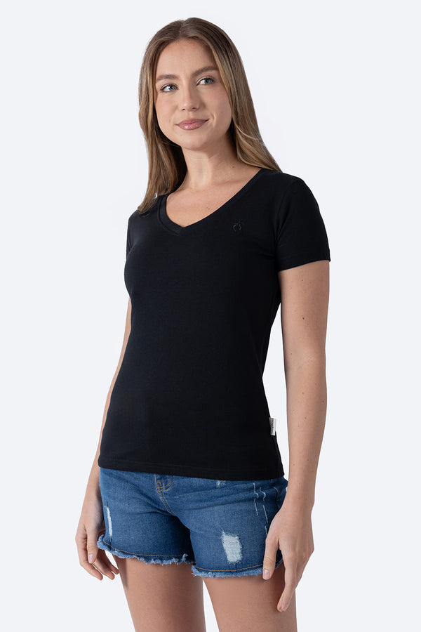 Playera básica negra medio cuello V - Hang Ten