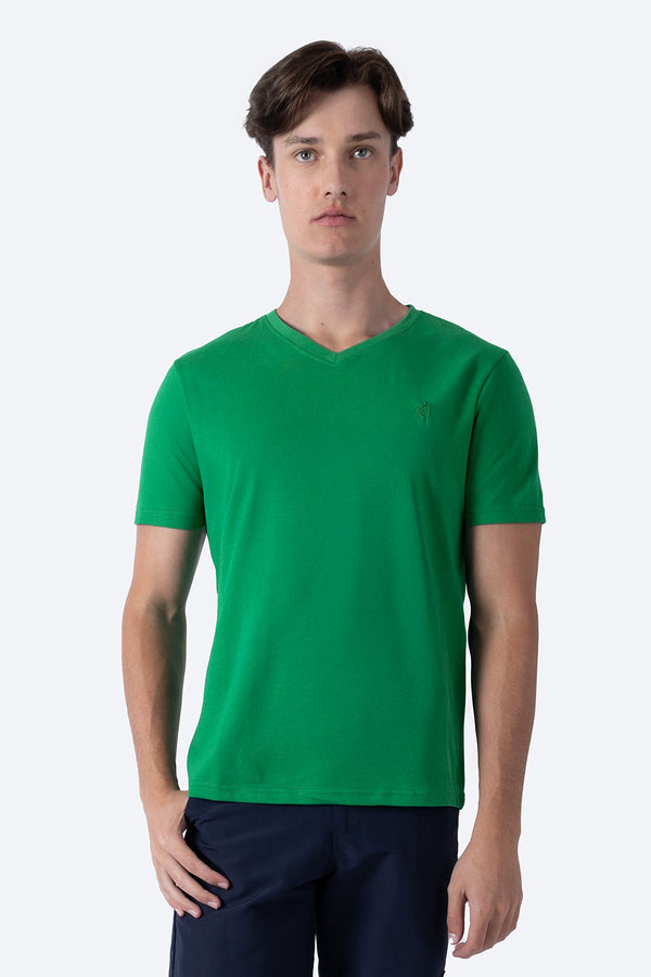 Playera básica cuello v verde medio  - Hang Ten 