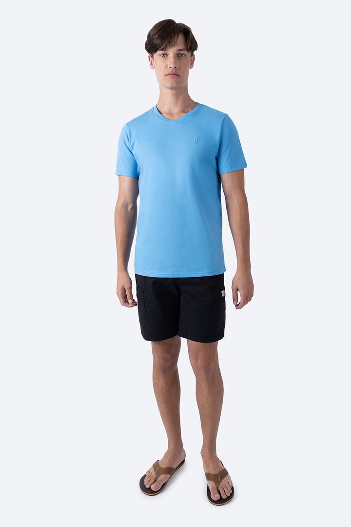 Playera básica cuello v azul medio  - Hang Ten 