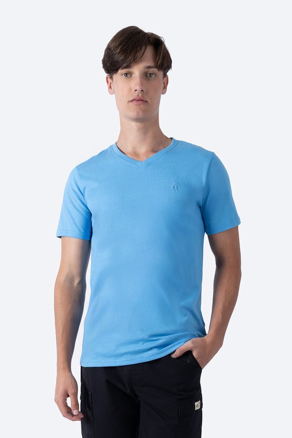 Playera básica cuello v azul medio  - Hang Ten 