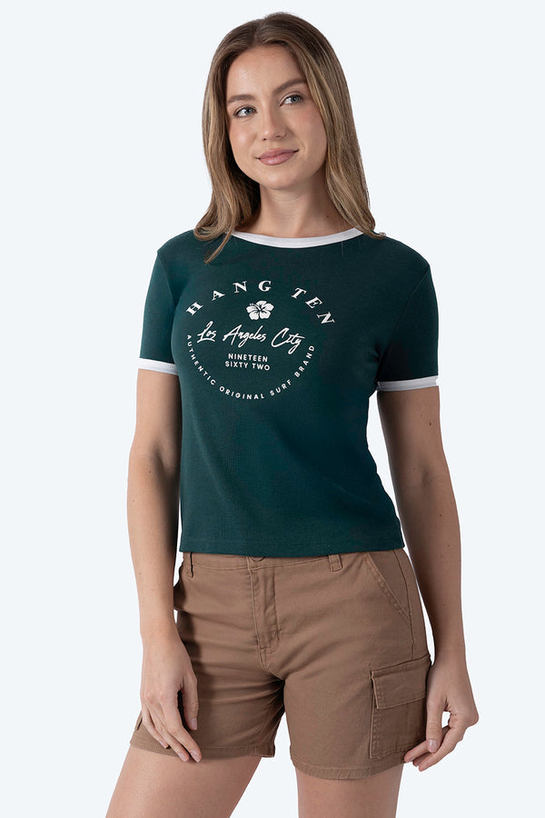 Playera verde bies a contraste blanco  - Hang Ten