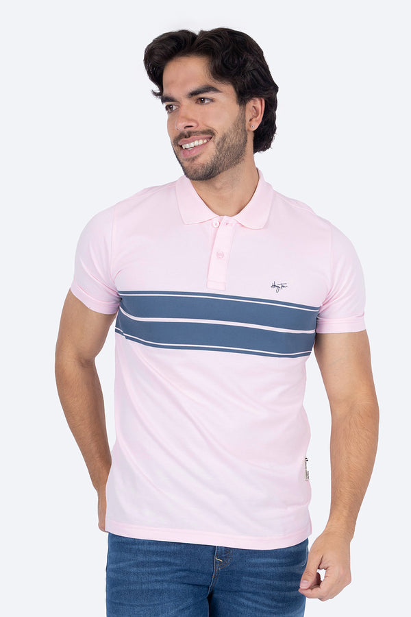 Polo piqué rosa franjas a contraste azules - Hang Ten