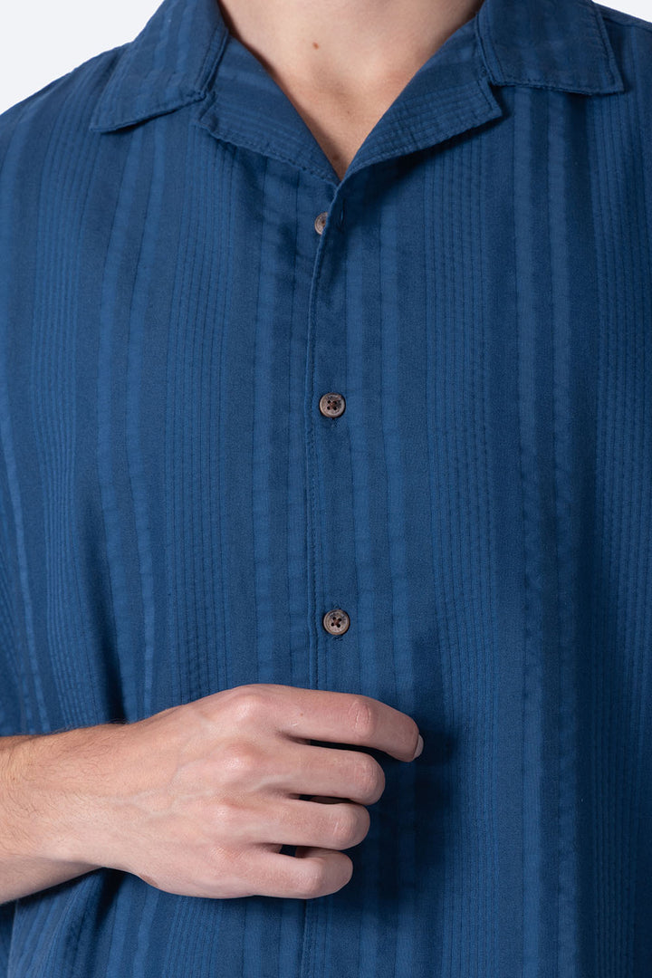 Camisa azul  manga corta con textura - Hang Ten