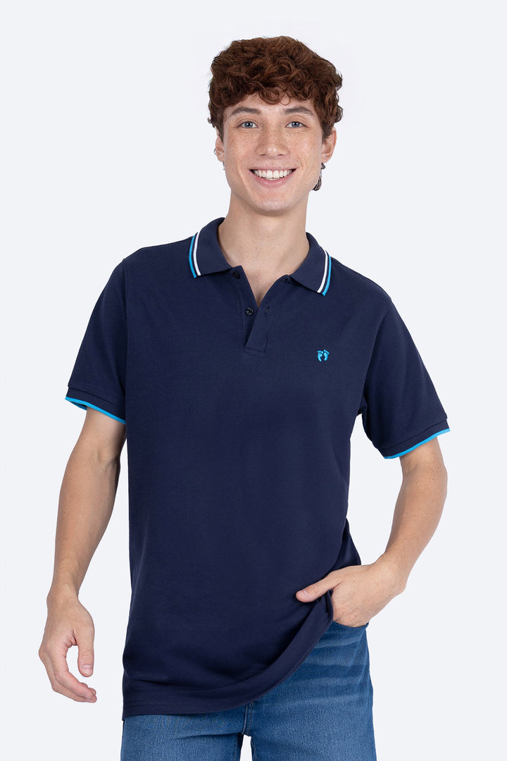 Polo piqué azul filos contraste blanco con azul - Hang Ten 