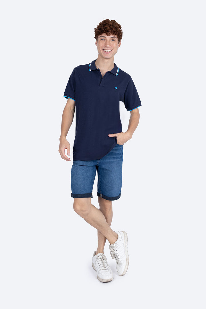Polo piqué azul filos contraste blanco con azul - Hang Ten 