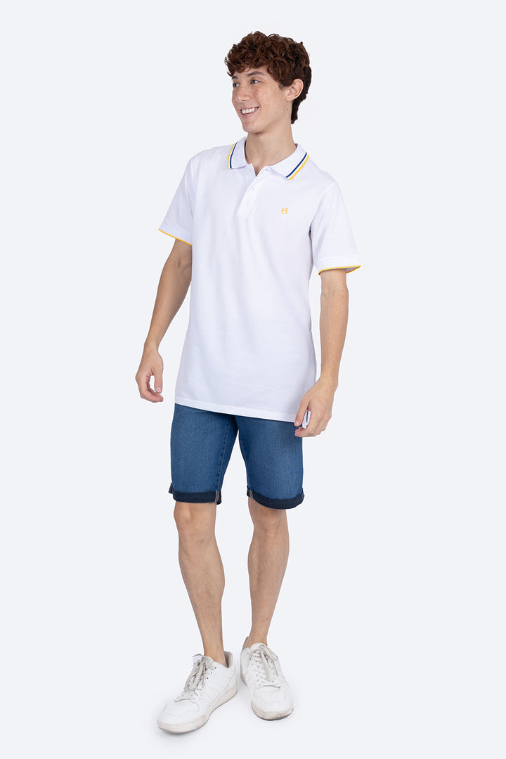 Polo piqué blanca filos contraste azul con amarillo - Hang Ten 