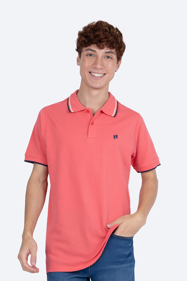 Polo piqué coral filos contraste beige con azul - Hang Ten 
