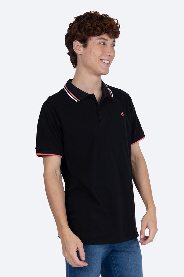 Polo piqué negra filos contraste blanco con rosa - Hang Ten 