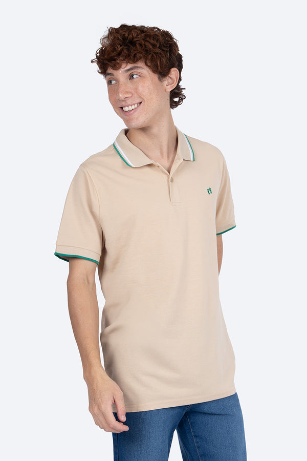 Polo piqué beige filos contraste blanco con verde - Hang Ten 