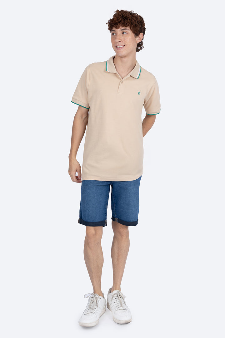 Polo piqué beige filos contraste blanco con verde - Hang Ten 