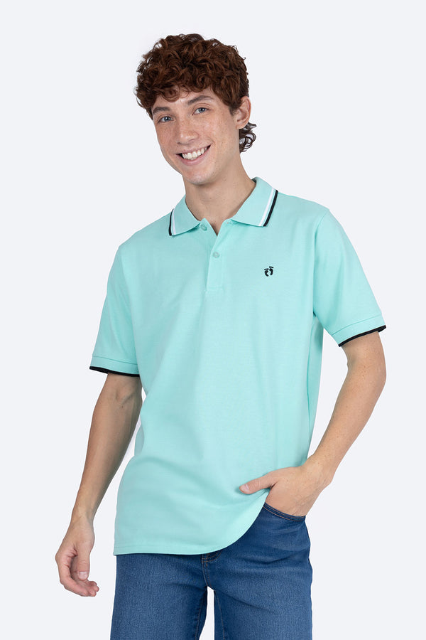 Polo piqué aqua filos contraste blanco con negro - Hang Ten 