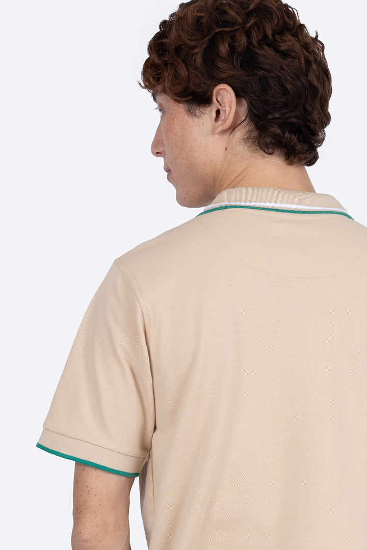 Polo piqué beige filos contraste blanco con verde - Hang Ten 